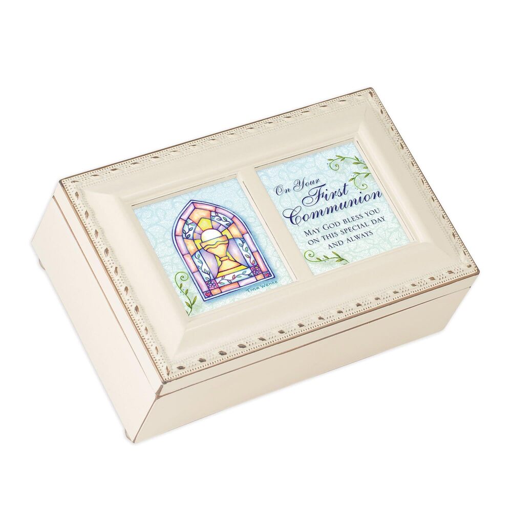 8465 First Communion God Bless You Matte Ivory Jewelry Music Box Plays Ave